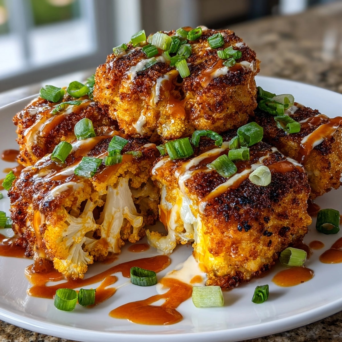 Crispy Buffalo Cauliflower Tater Tots, golden-brown and ready for dipping in creamy ranch.
