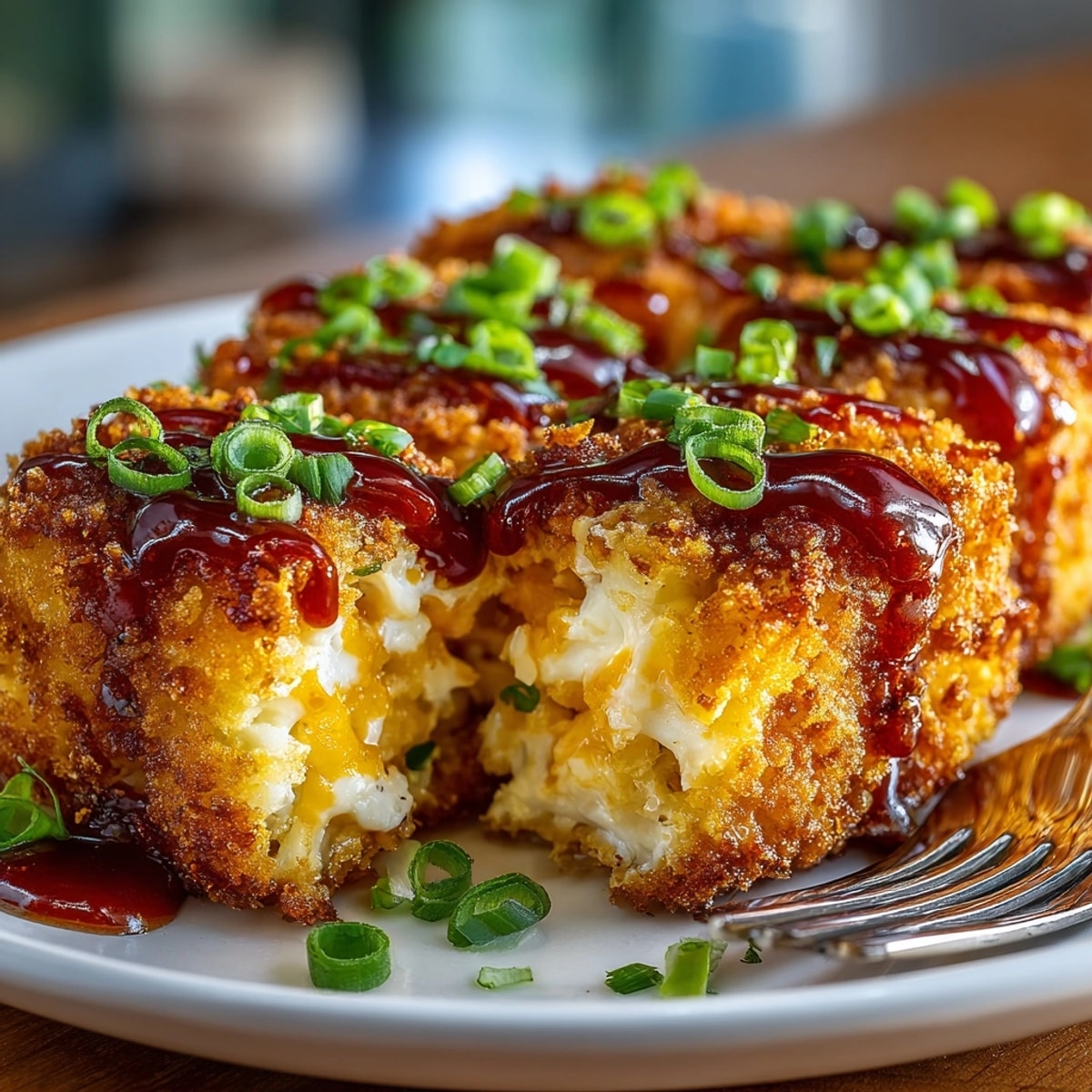 Close-up of Buffalo Cauliflower Tater Tots showing their irresistible crunchy texture; serve warm.