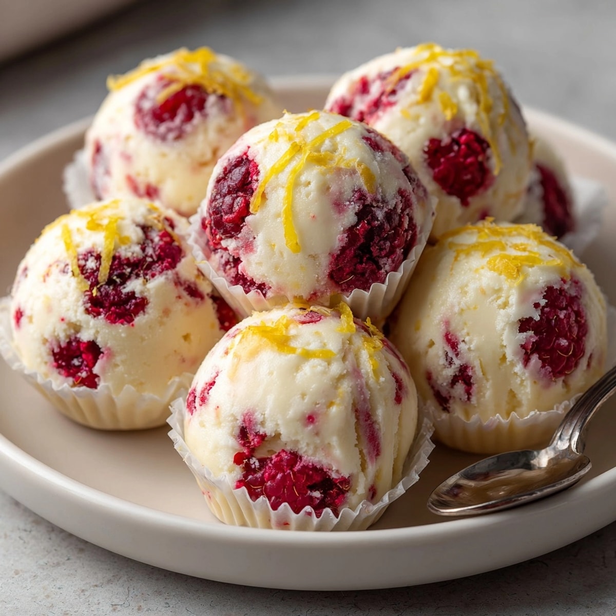 Homemade Lemon-Raspberry Frozen Yogurt Bites, sweet and tart, ready for healthy snacking.