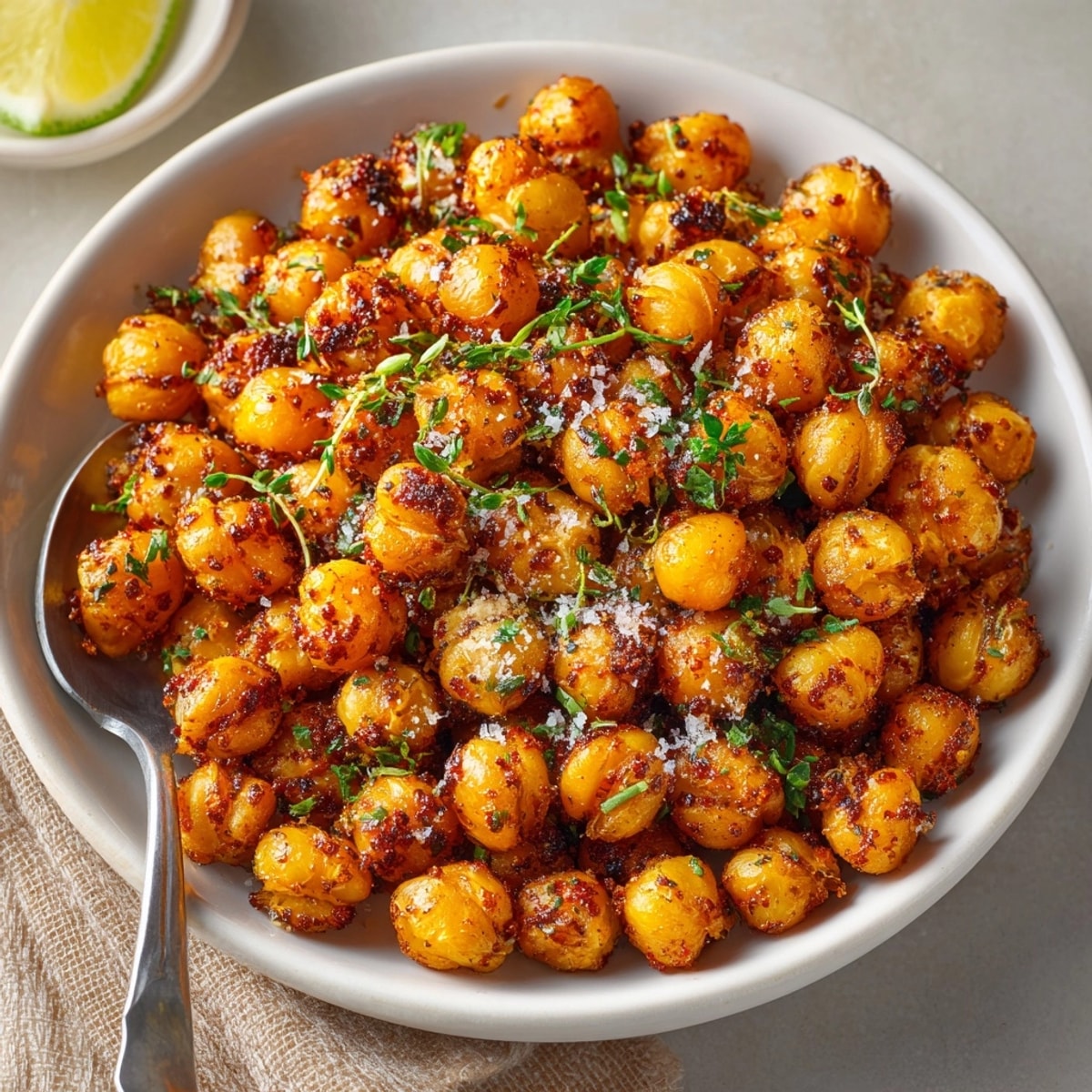 Golden crispy roasted chickpeas with chili lime seasoning, fresh out of the oven.