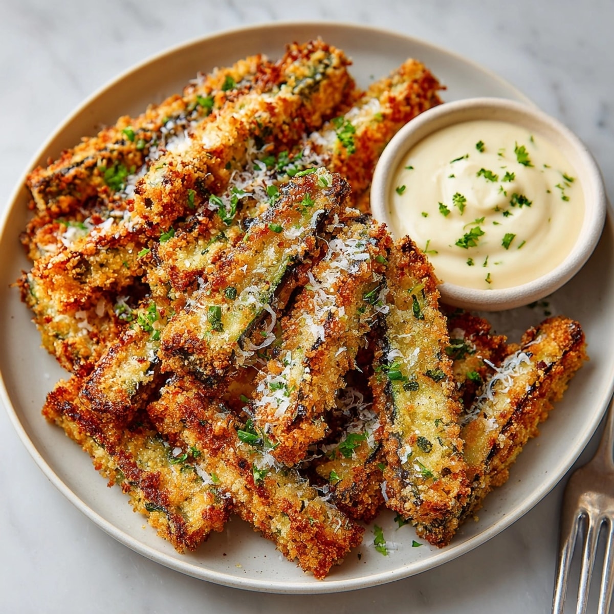 Crispy air fryer eggplant fries, golden brown and ready for dipping in marinara sauce.