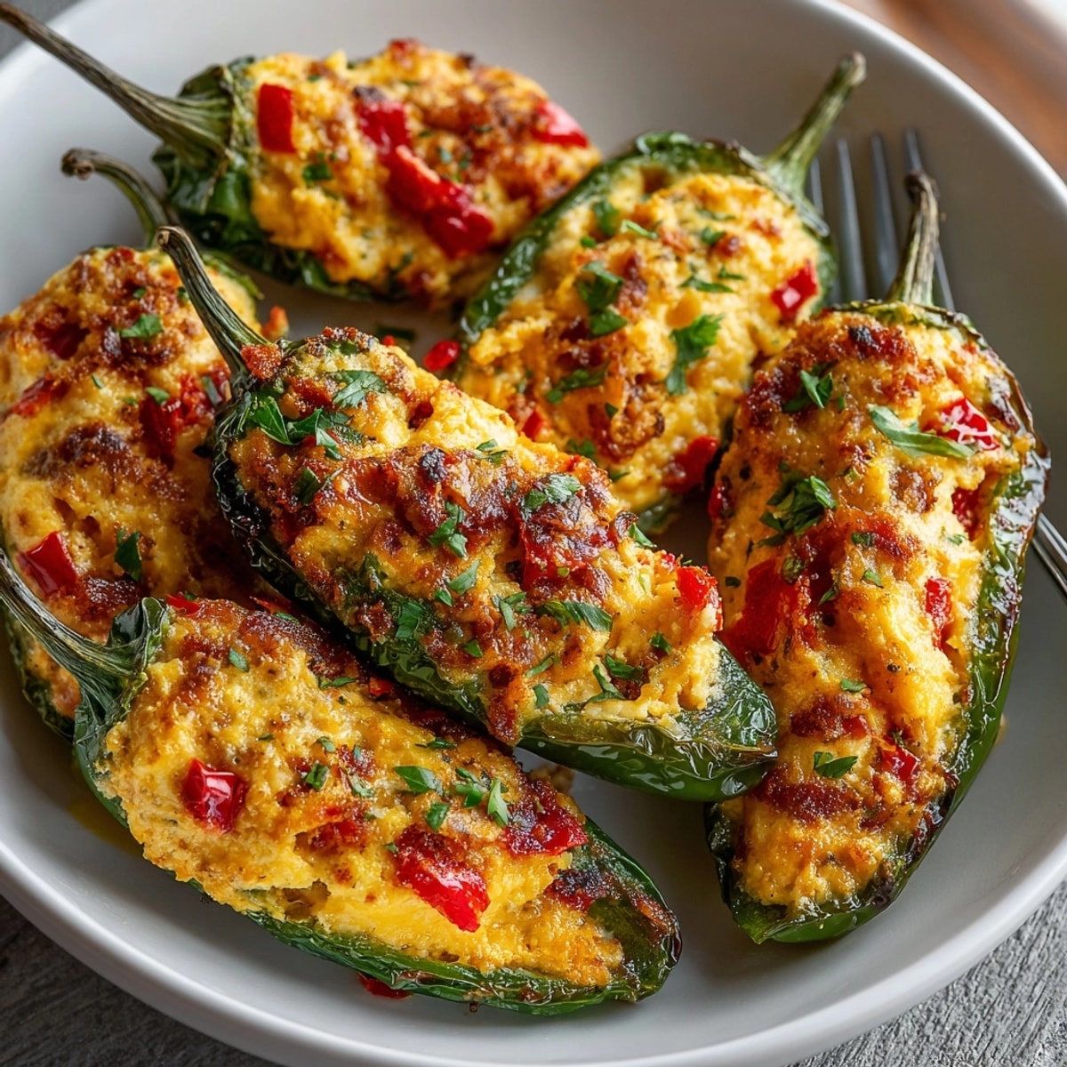 Creamy pimento cheese filling oozes from blistered, bright green Pimento Cheese-Stuffed Shishito Peppers.