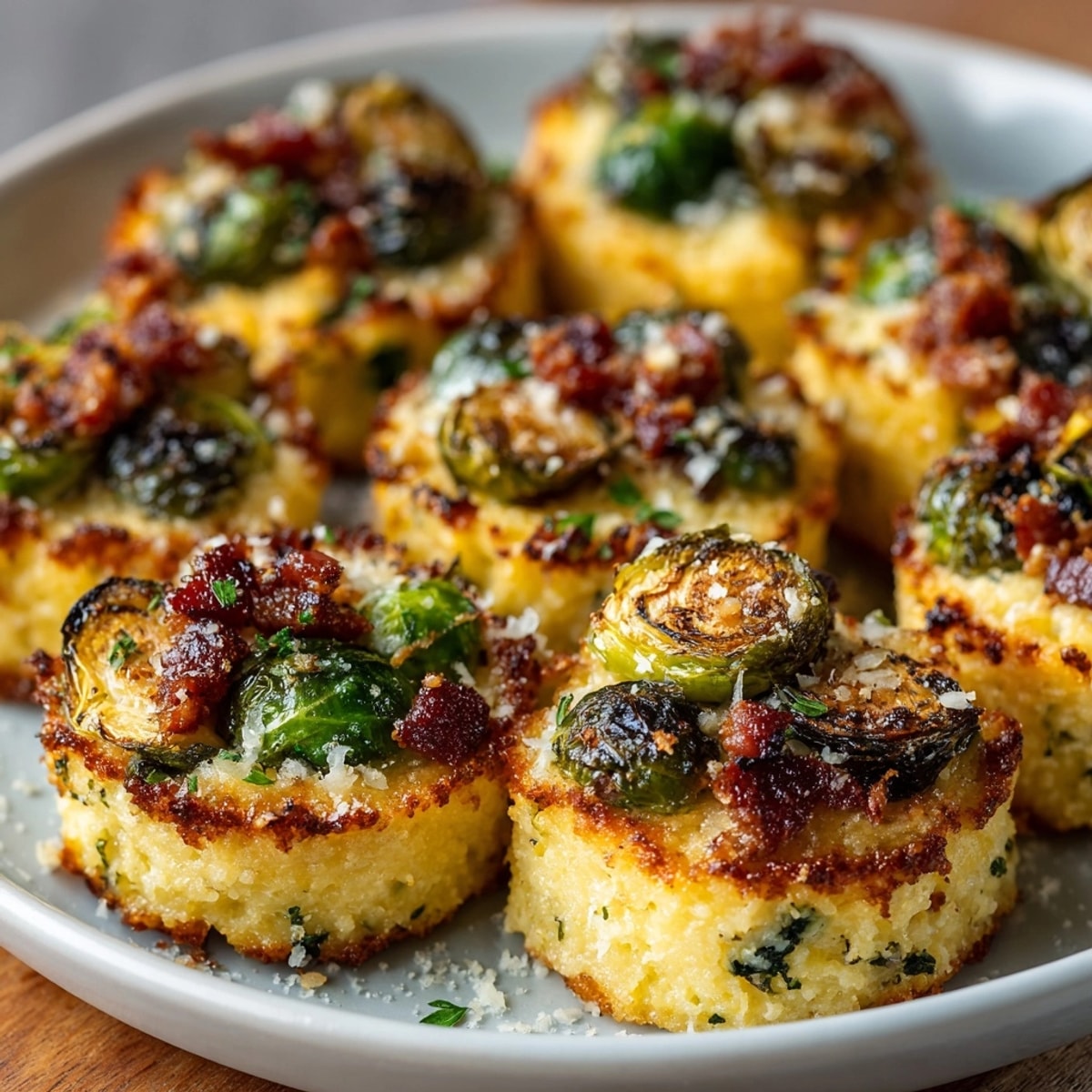 Homemade Cheesy Polenta Bites: A delicious appetizer served warm, featuring Brussels sprouts.