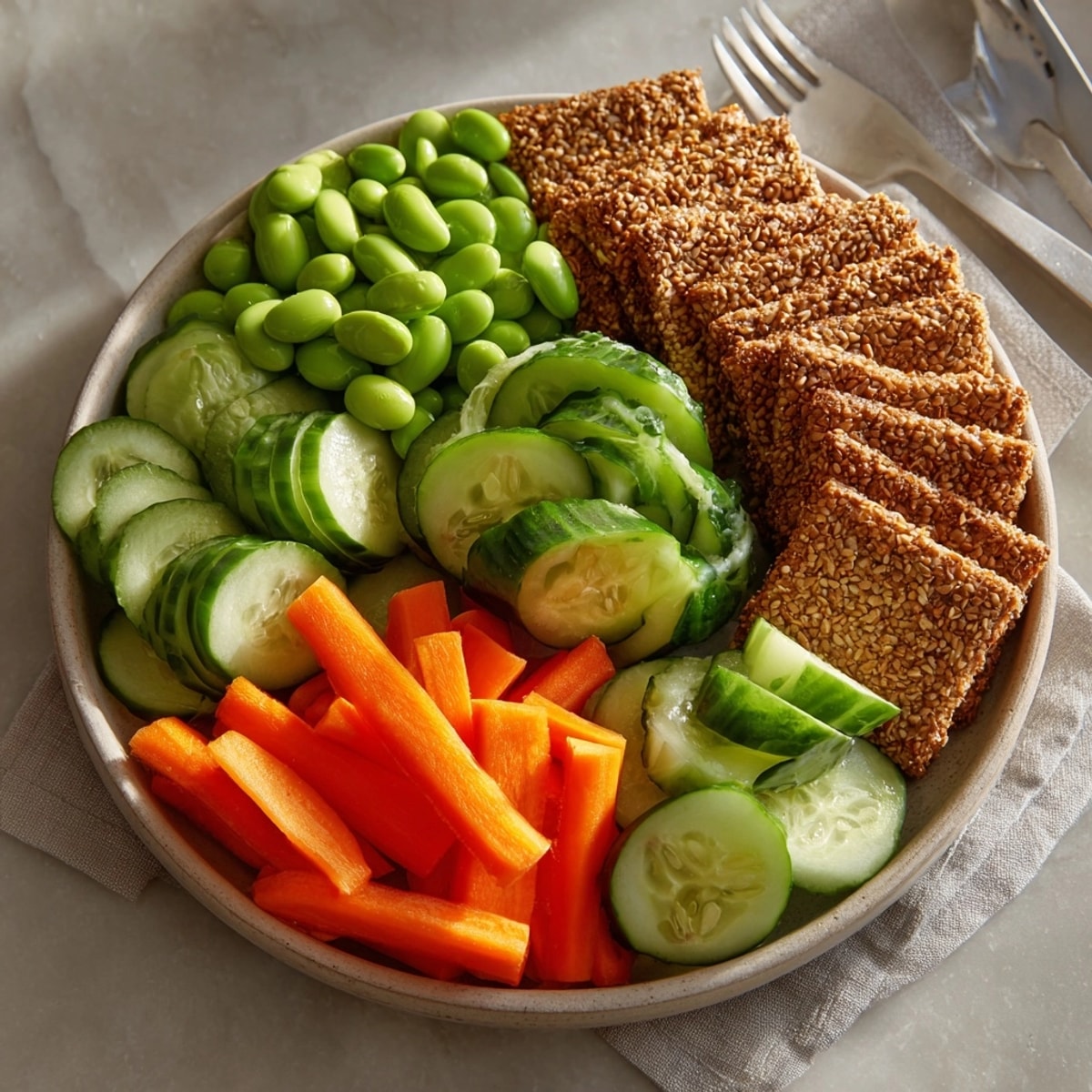Vibrant sushi-inspired snack plate with edamame, crisp veggies, and rice crackers looks delicious.