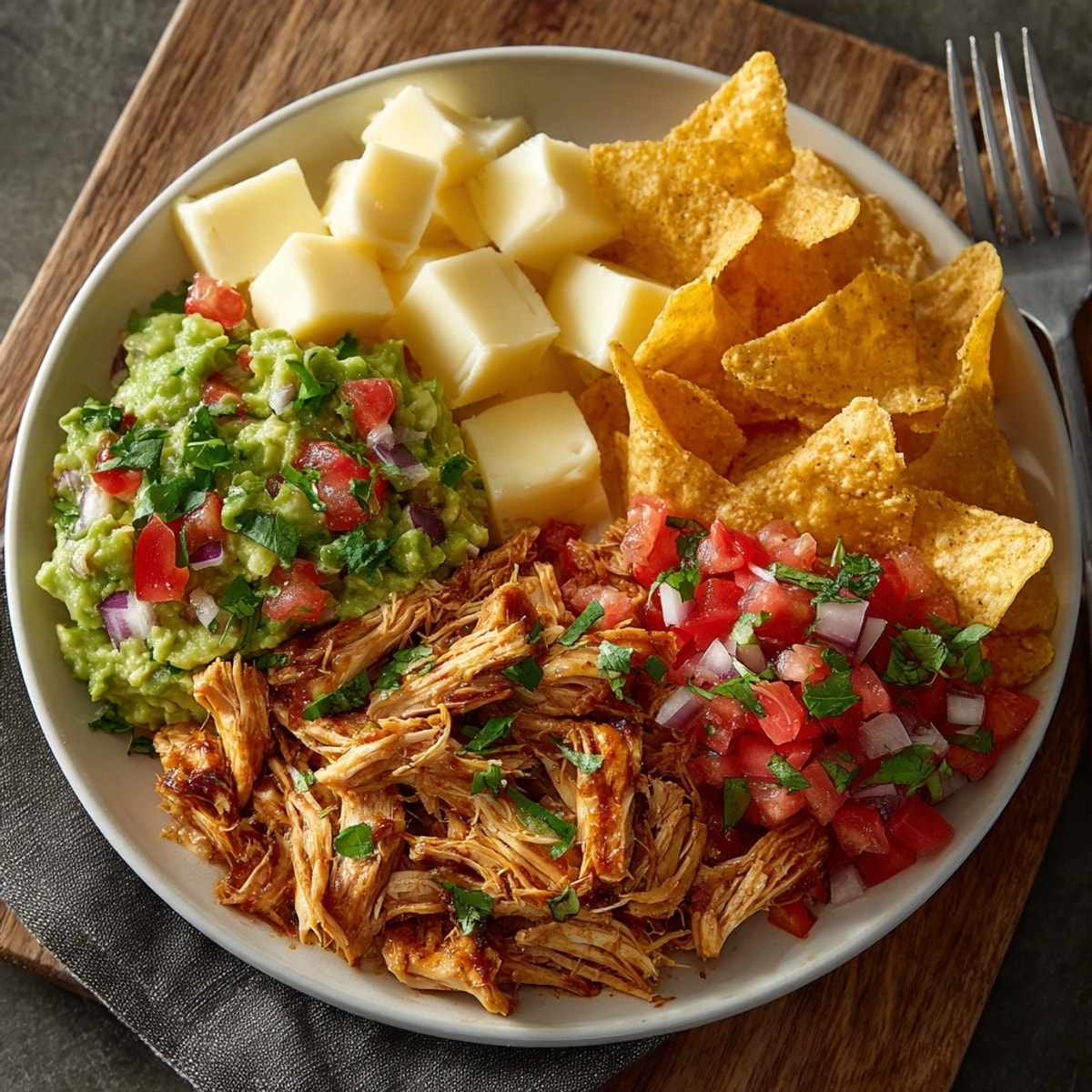 Tex-Mex Snack Plate piled high with creamy guacamole, savory chicken, and crunchy chips.