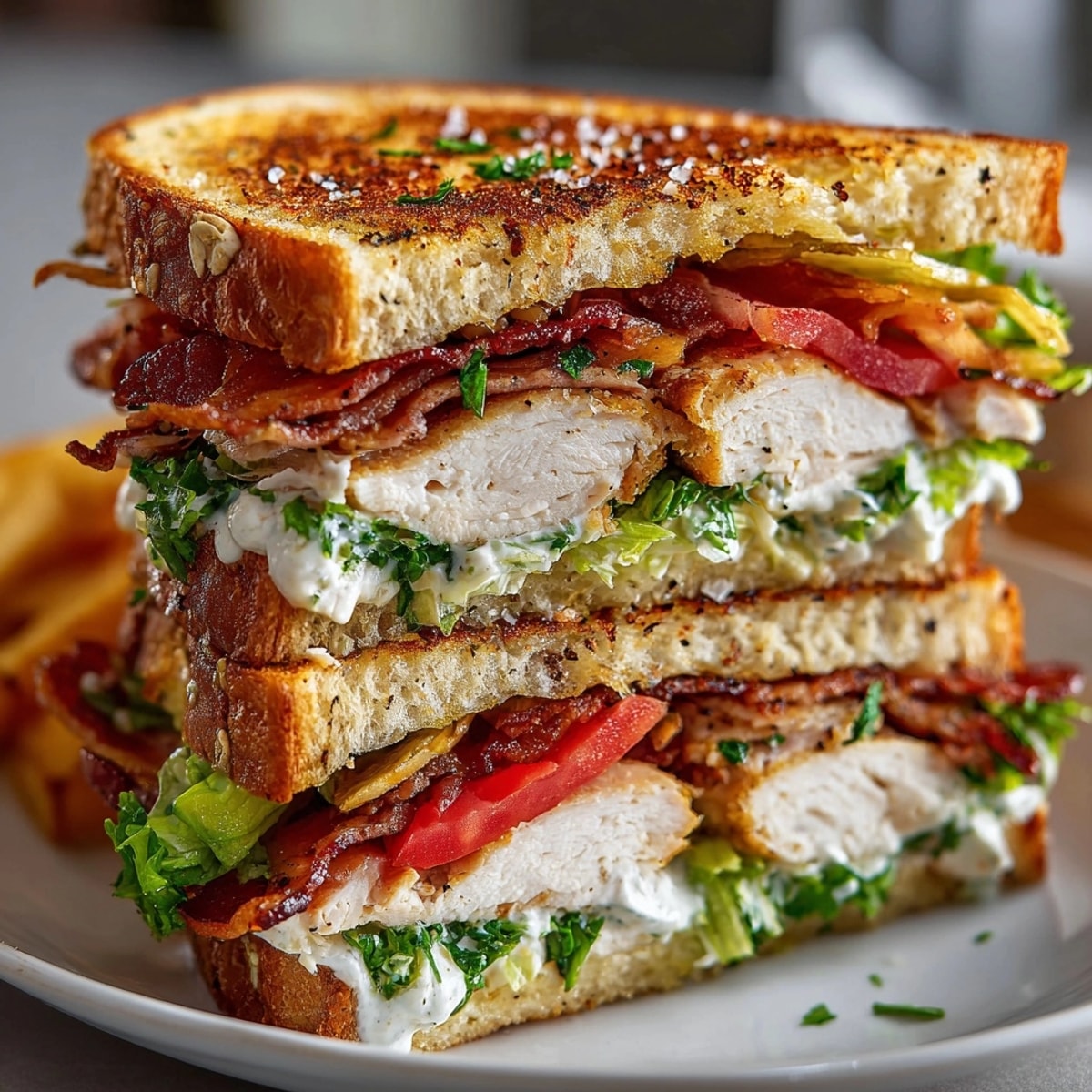 Stacked Club Sandwich: Layers of chicken, bacon, lettuce, tomato, and mayo on toasted bread.