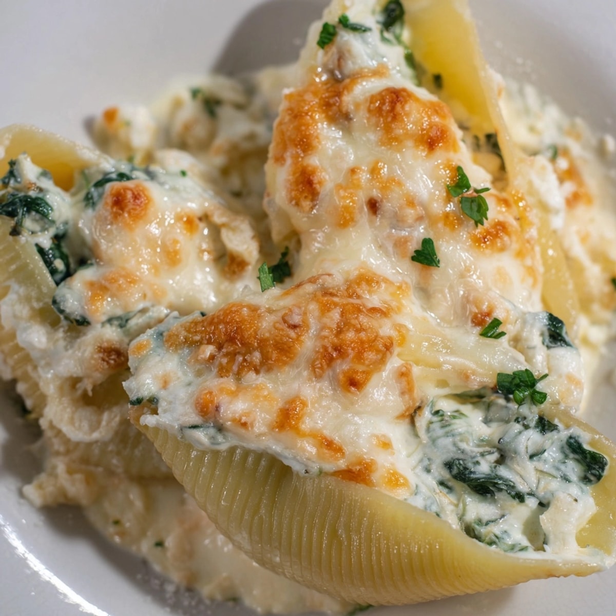 Creamy Alfredo Spinach Ricotta Stuffed Shells: golden, bubbly, comforting Italian-American dish.