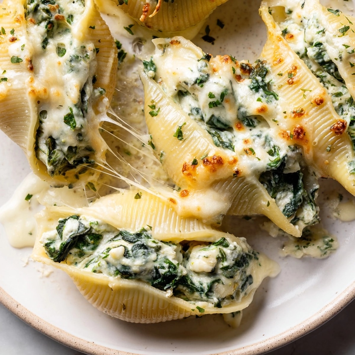 Close-up of cheesy Alfredo Spinach Ricotta Stuffed Shells, ready to serve warm.