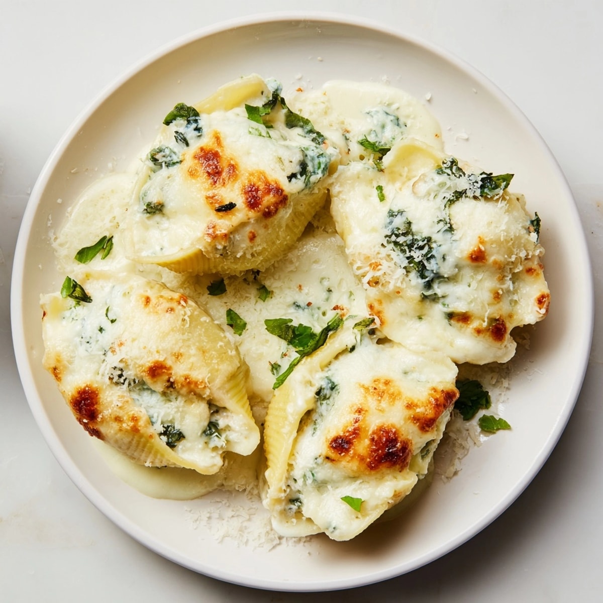 Homemade Alfredo Spinach Ricotta Stuffed Shells in baking dish, topped with melted cheese.