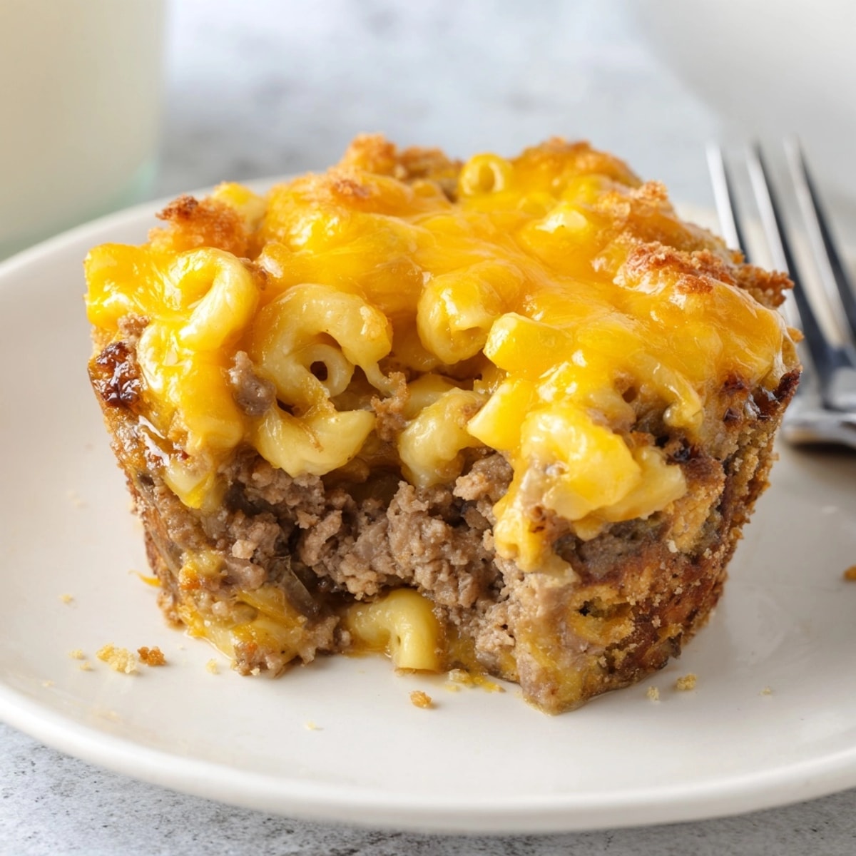 Golden brown Mac and Cheese Meatloaf Muffins fresh from the oven, sprinkled with cheese.