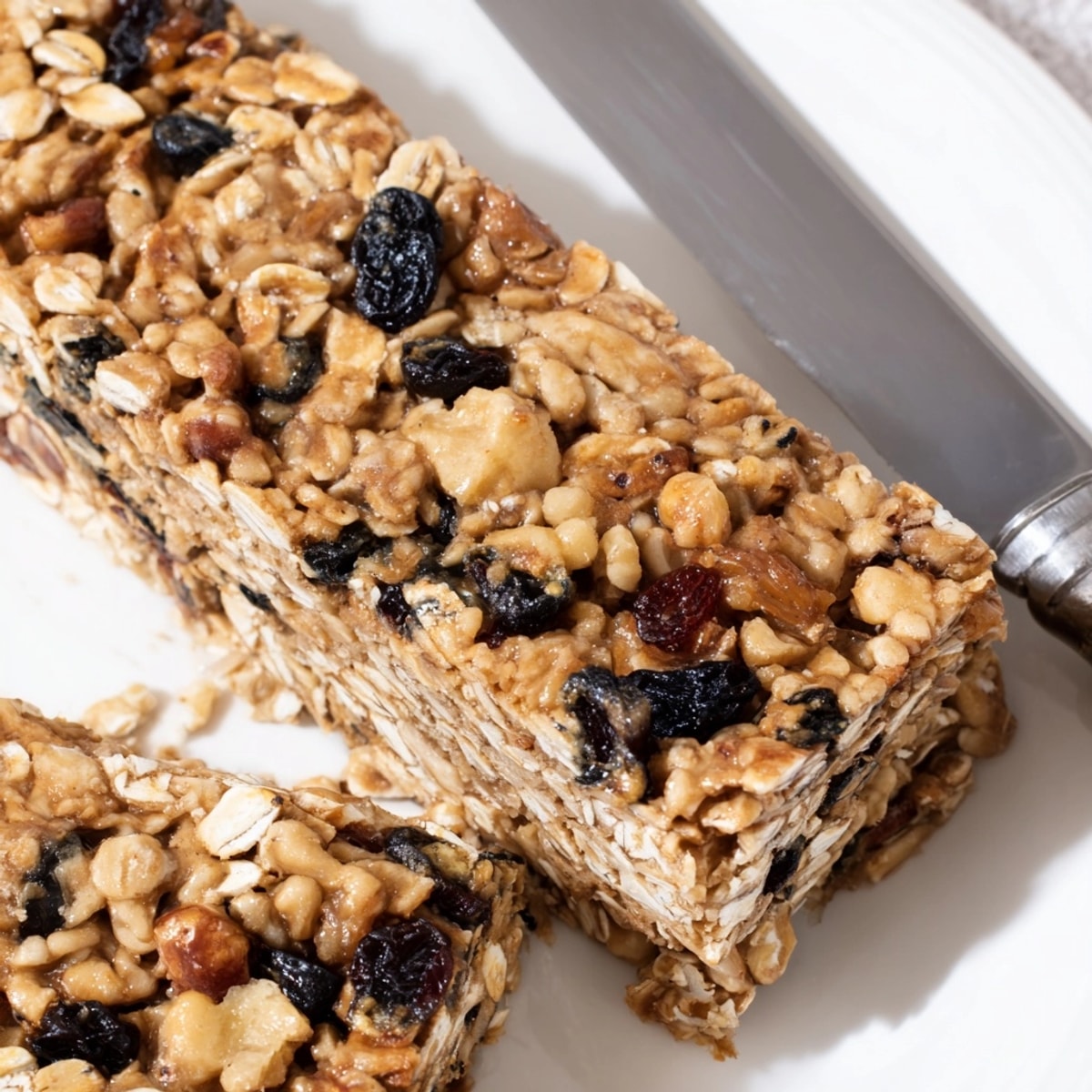 Golden-brown Peanut Butter Cinnamon Raisin Bars, studded with raisins, ready to slice and enjoy.