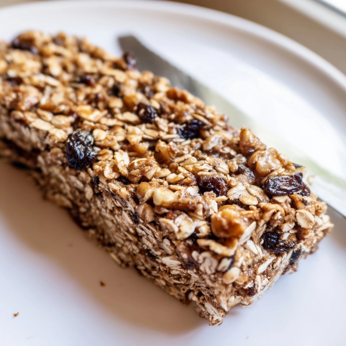 Close-up of chewy Peanut Butter Cinnamon Raisin Bars showcasing oats, raisins and a soft texture.