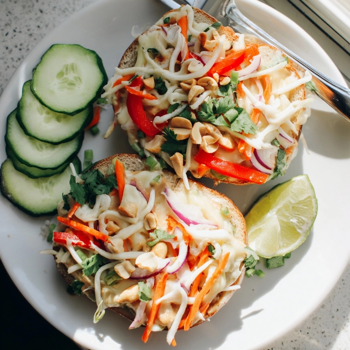 Thai Peanut Veggie Pizza Bagels: Toasty bagels with creamy peanut sauce and vibrant veggies.