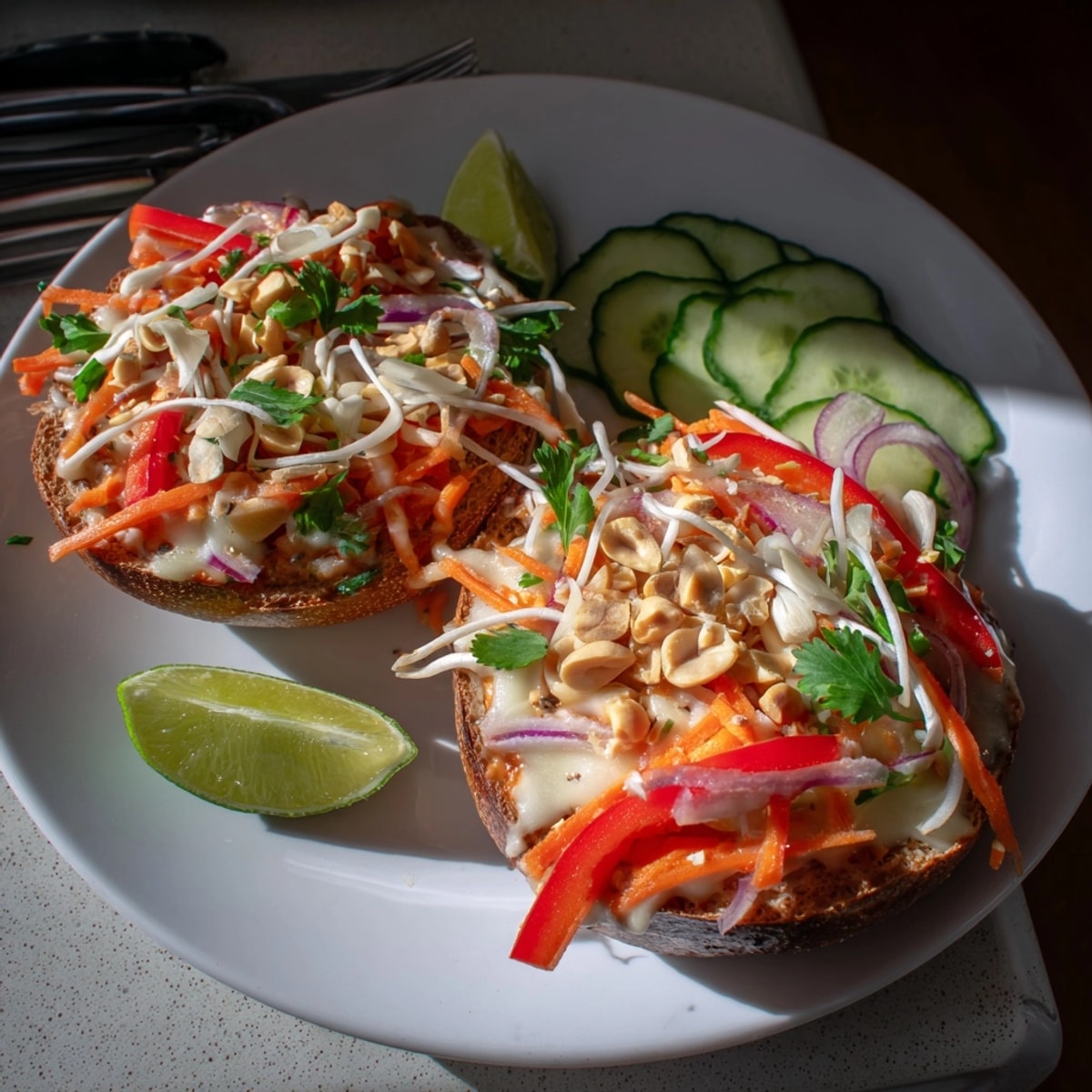 Close-up of Thai Peanut Veggie Pizza Bagels showing melty cheese and colorful toppings.