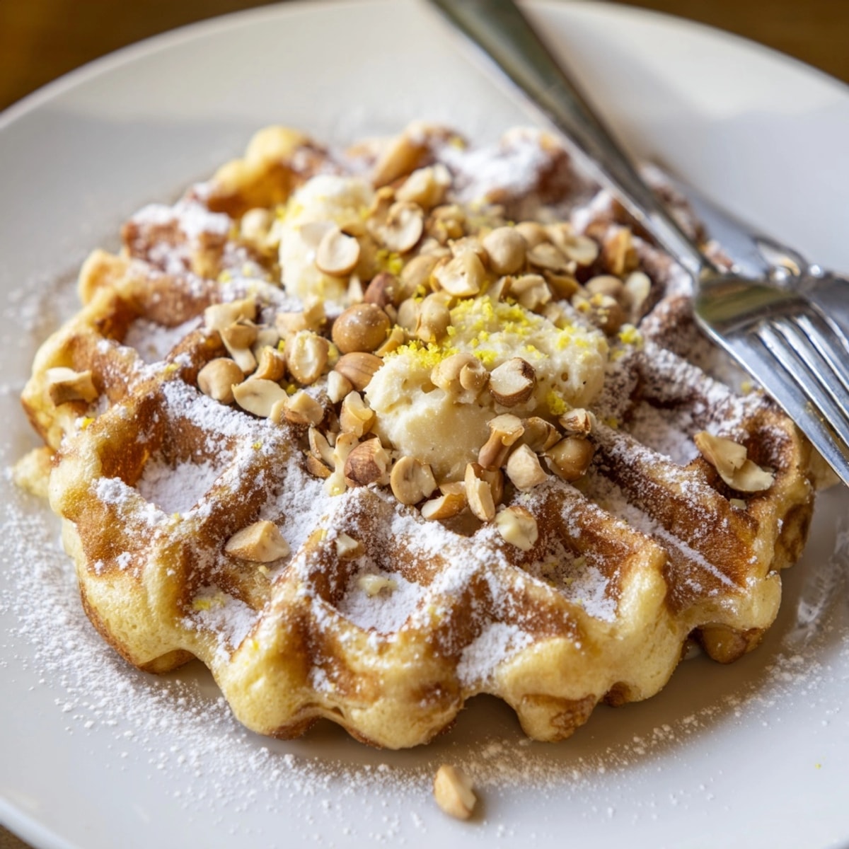Golden Ricotta Lemon Hazelnut Waffles, a stack ready to serve with berries and syrup.