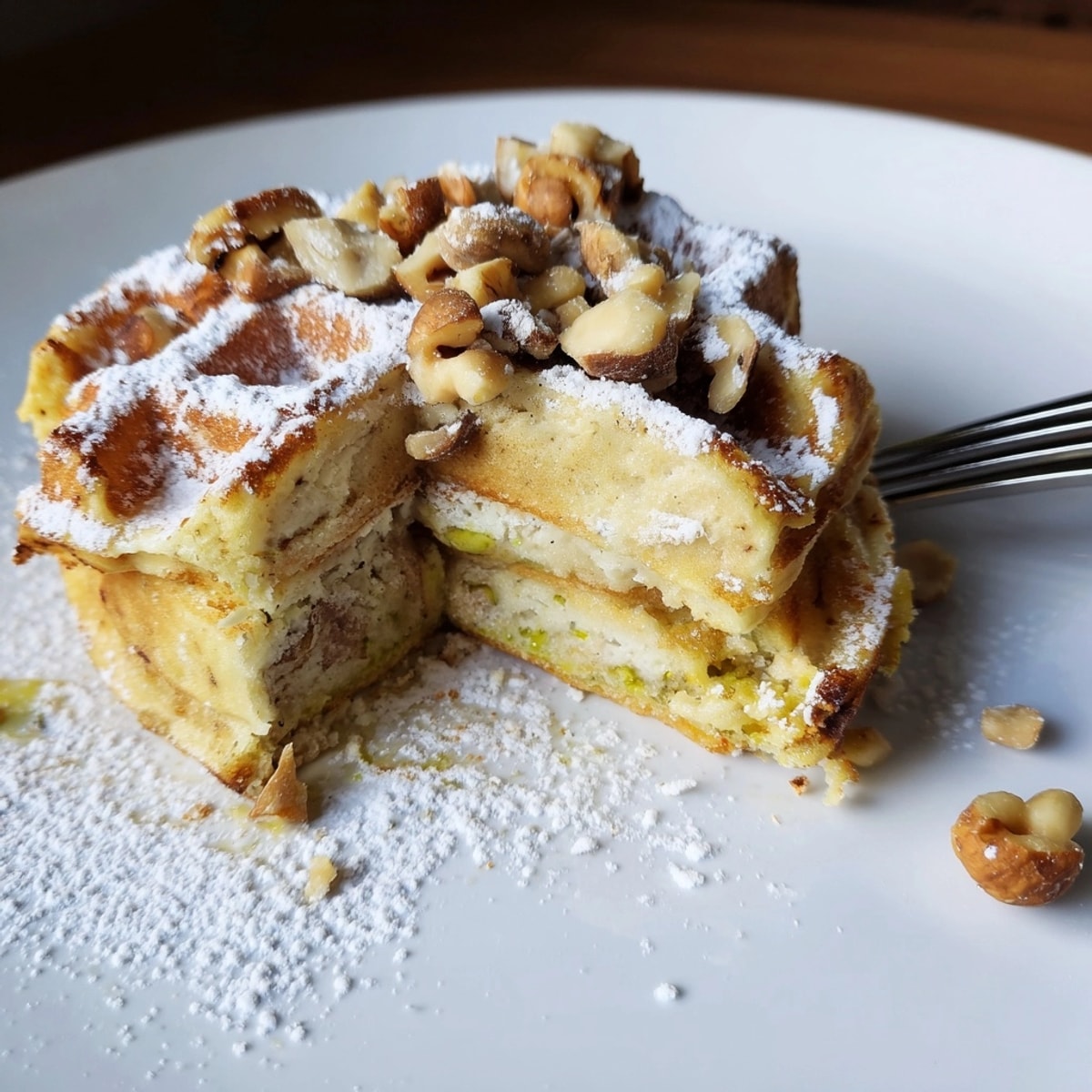 Crisp, airy Ricotta Lemon Hazelnut Waffles, baking in a hot, greased waffle iron.