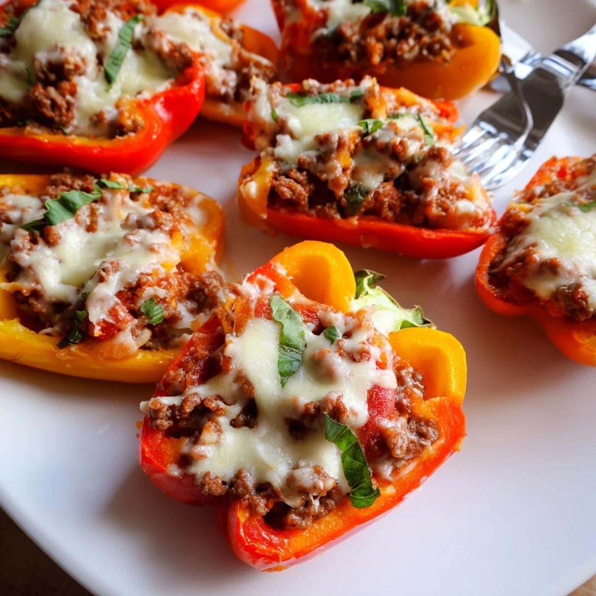 Savory Lasagne Soup-Stuffed Mini Peppers topped with bubbly melted cheese and herbs.  