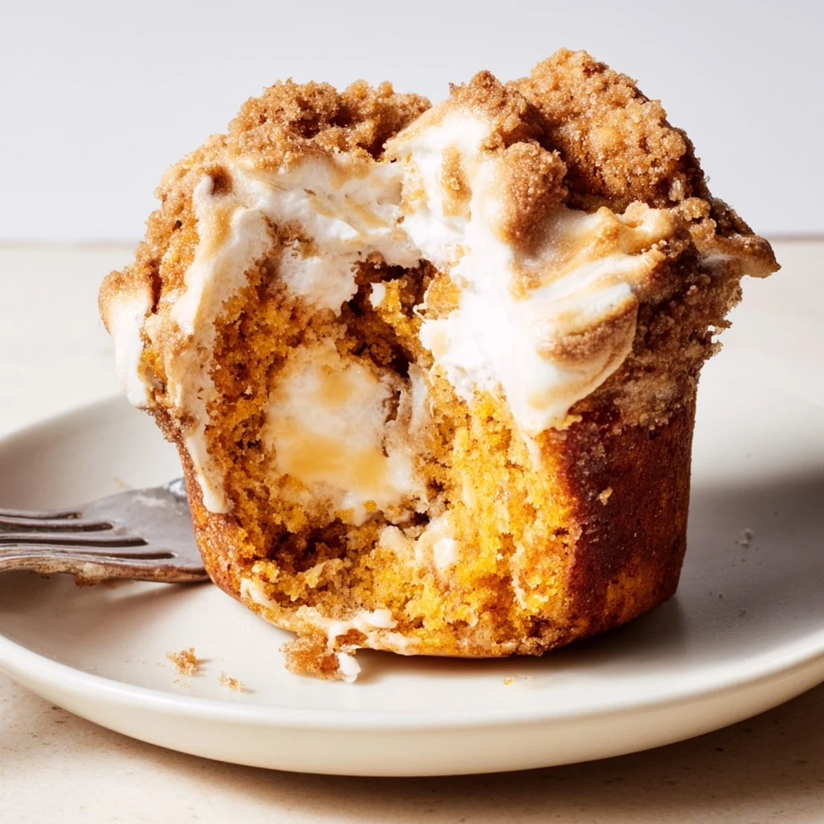 Moist pumpkin muffins with a delightful marshmallow swirl, perfect for brunch.  