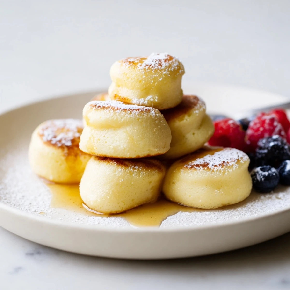 Fluffy Japanese Mochi Pancake Bites drizzled with maple syrup and fresh fruit.  