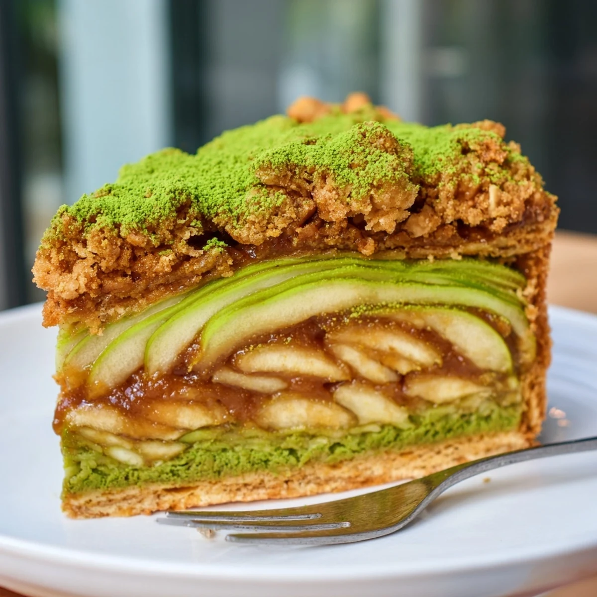 Tender Matcha Caramel Apple Bars topped with a buttery crumble, perfect for dessert.  