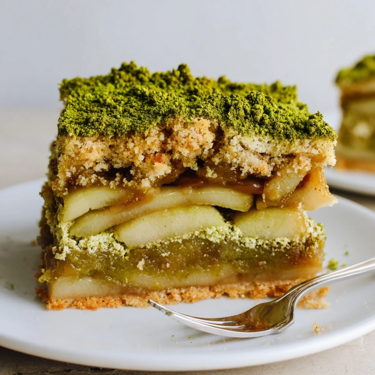 Deliciously layered Matcha Caramel Apple Bars with gooey caramel and spiced apples.  