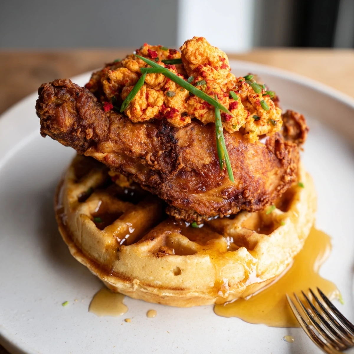 Crispy spicy fried chicken topped on fluffy biscuit waffles, drizzled with honey glaze.