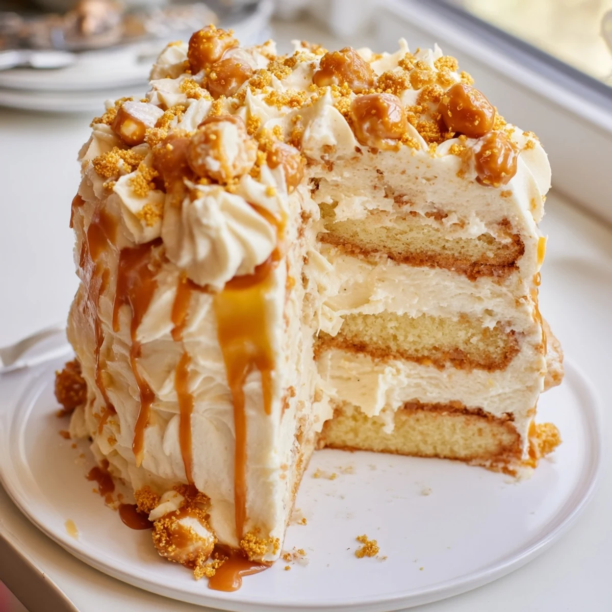 Delightful Messy Butterbeer Birthday Cake adorned with rich butterscotch sauce and sprinkles.  