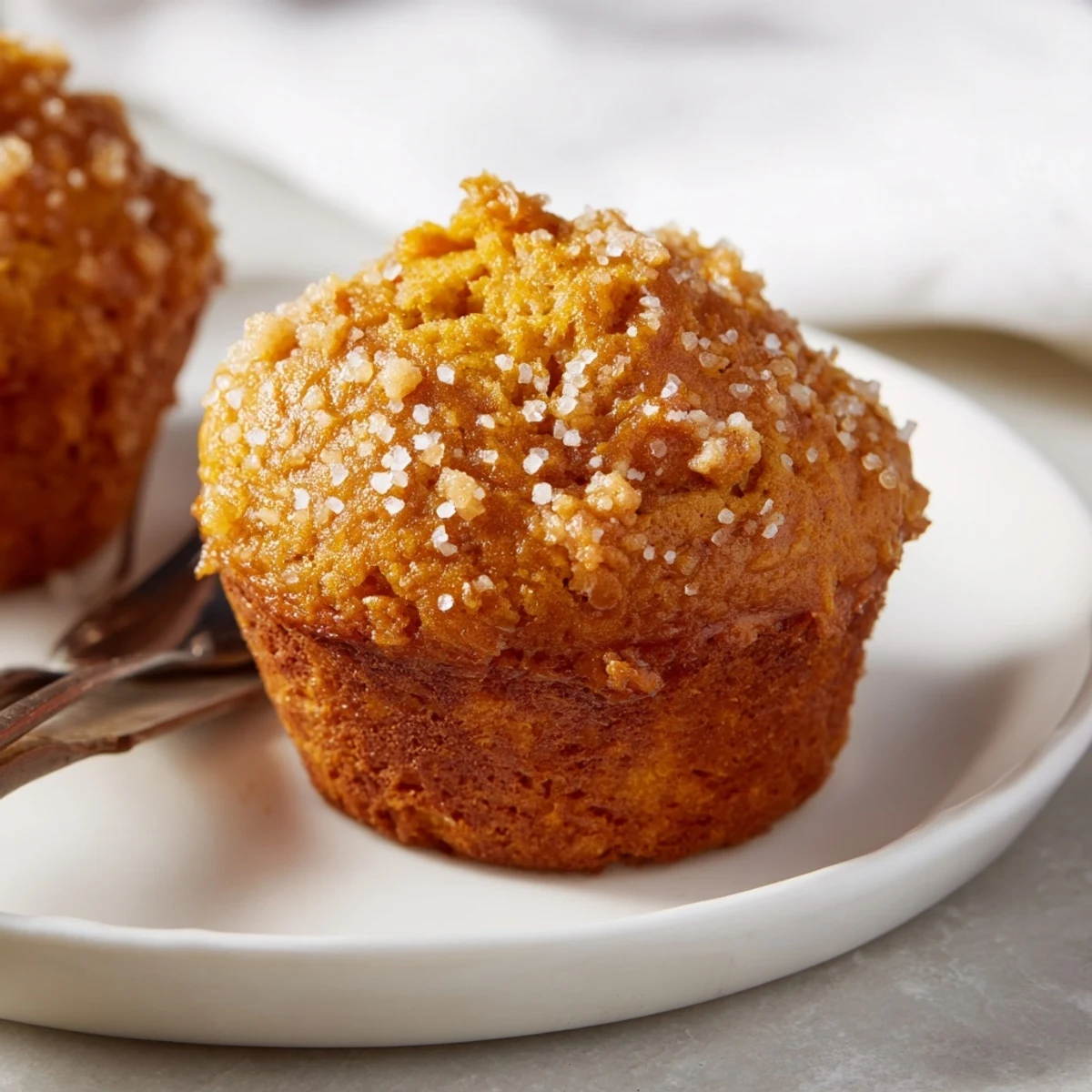 Moist Sweet Tea Pumpkin Pie Muffins topped with sugar, perfect for cozy fall mornings.  