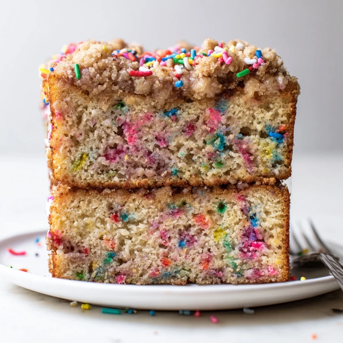 Delightful Funfetti Cinnamon Soda Streusel topped with crunchy, colorful sprinkles for celebrations.  