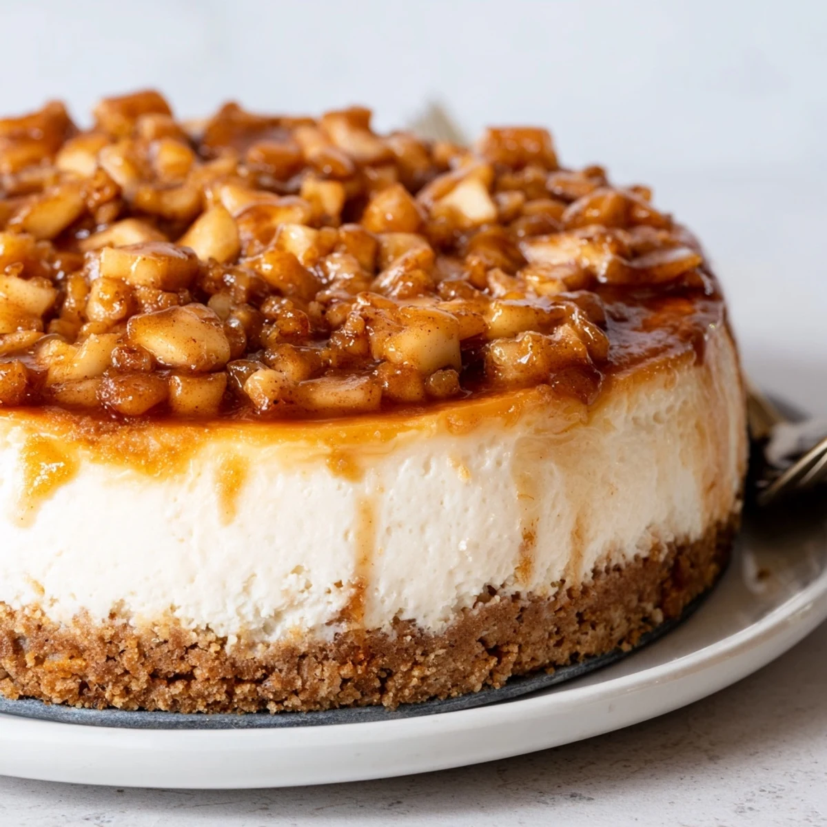 Luscious cinnamon apple bourbon cheesecake topped with spiced apples and whipped cream.  