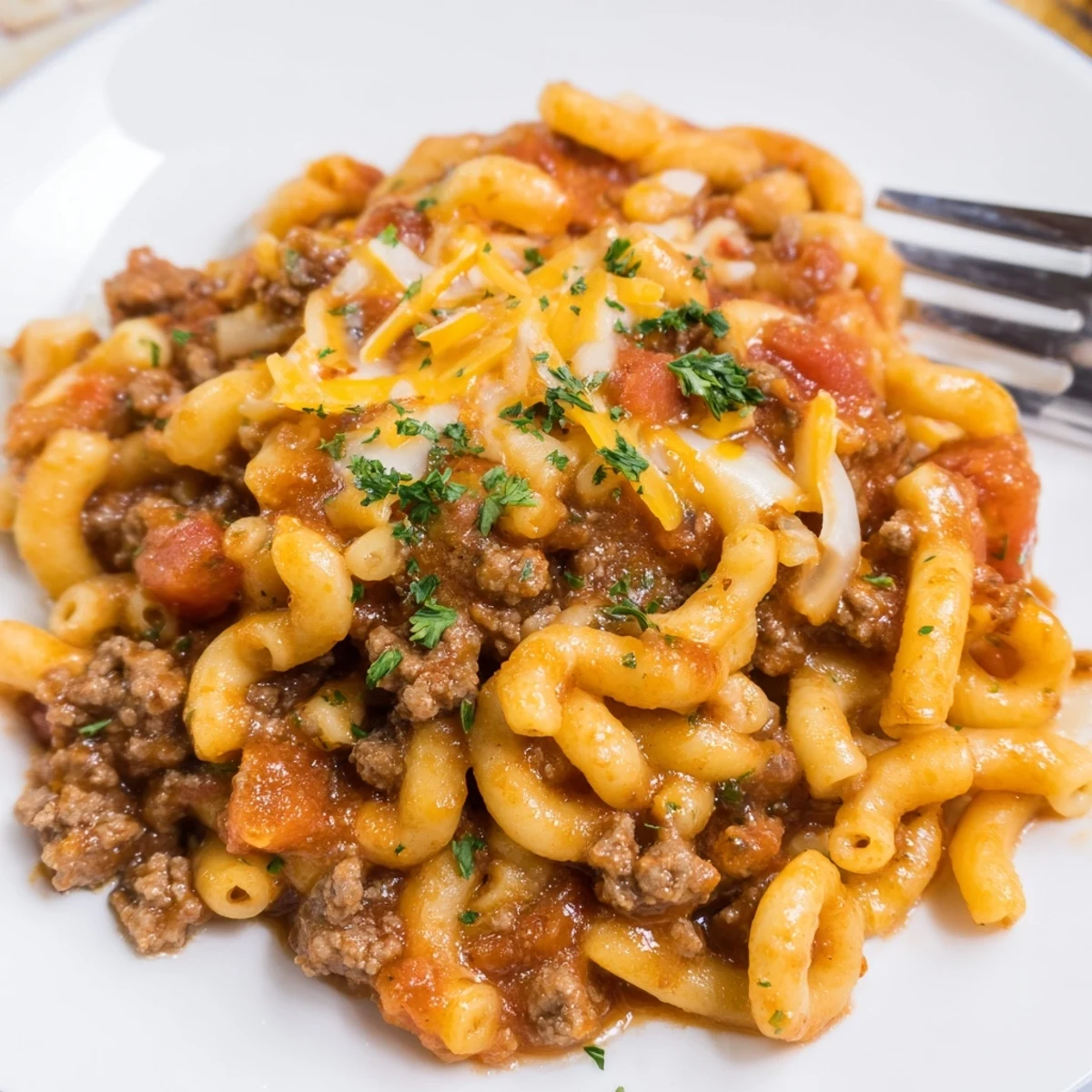 A steaming bowl of Grandma’s Goulash with ground beef and elbow macaroni.  