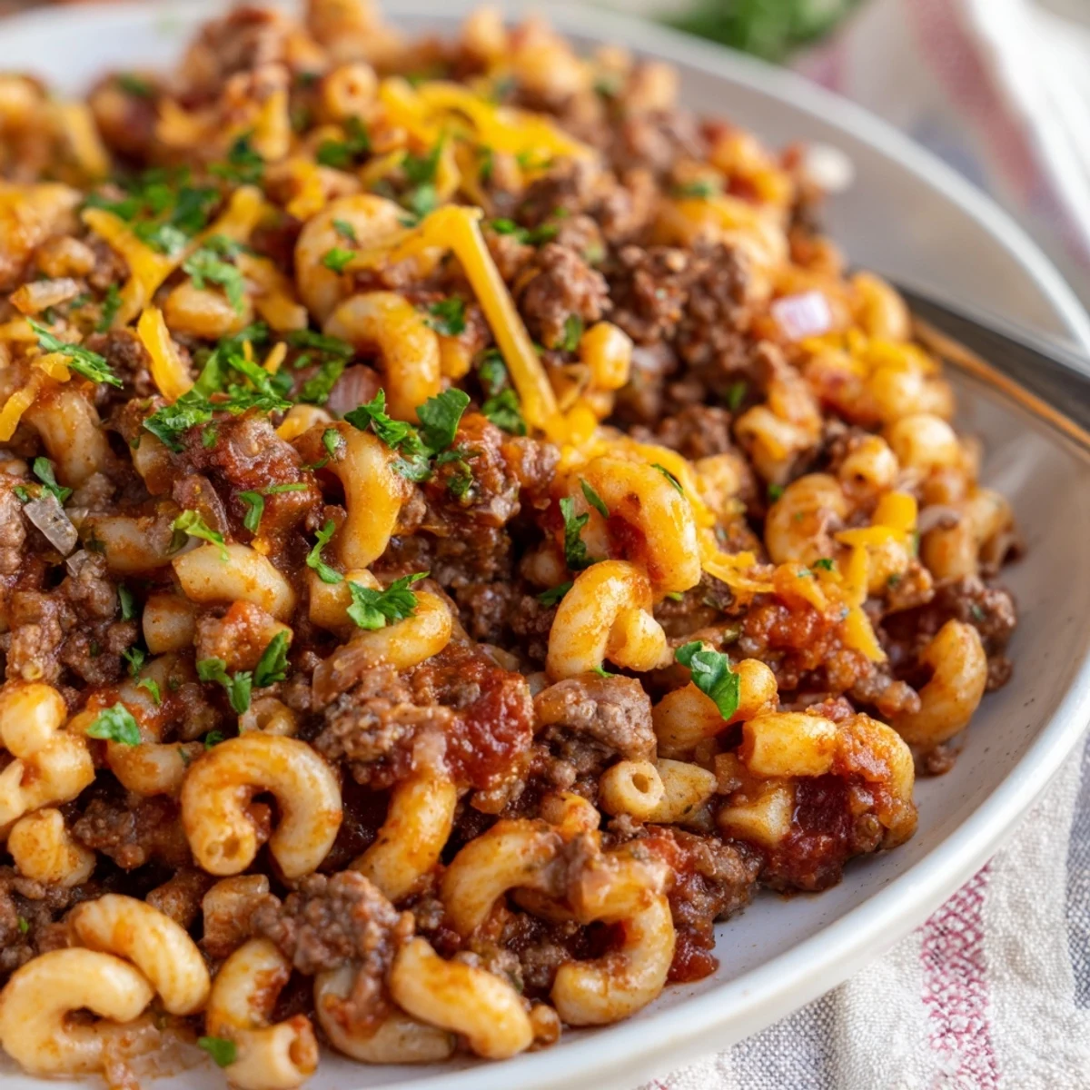 Comforting Grandma’s Goulash, topped with melted cheese and fresh parsley for garnish.  