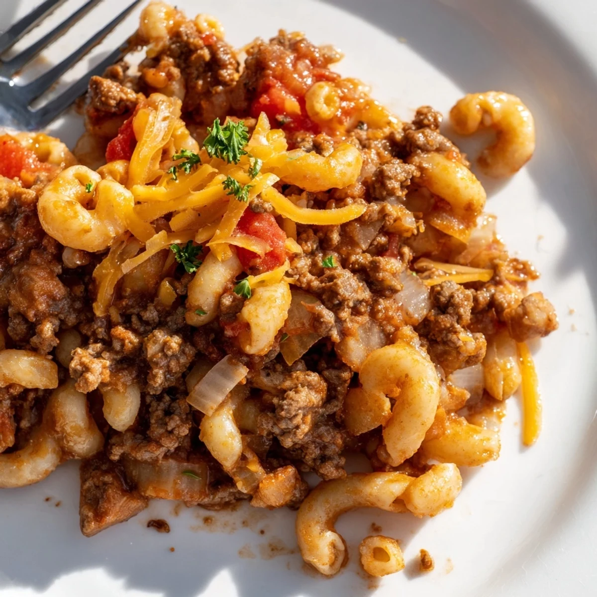 Rich tomato sauce enveloping elbow macaroni in this classic Grandma’s Goulash dish.