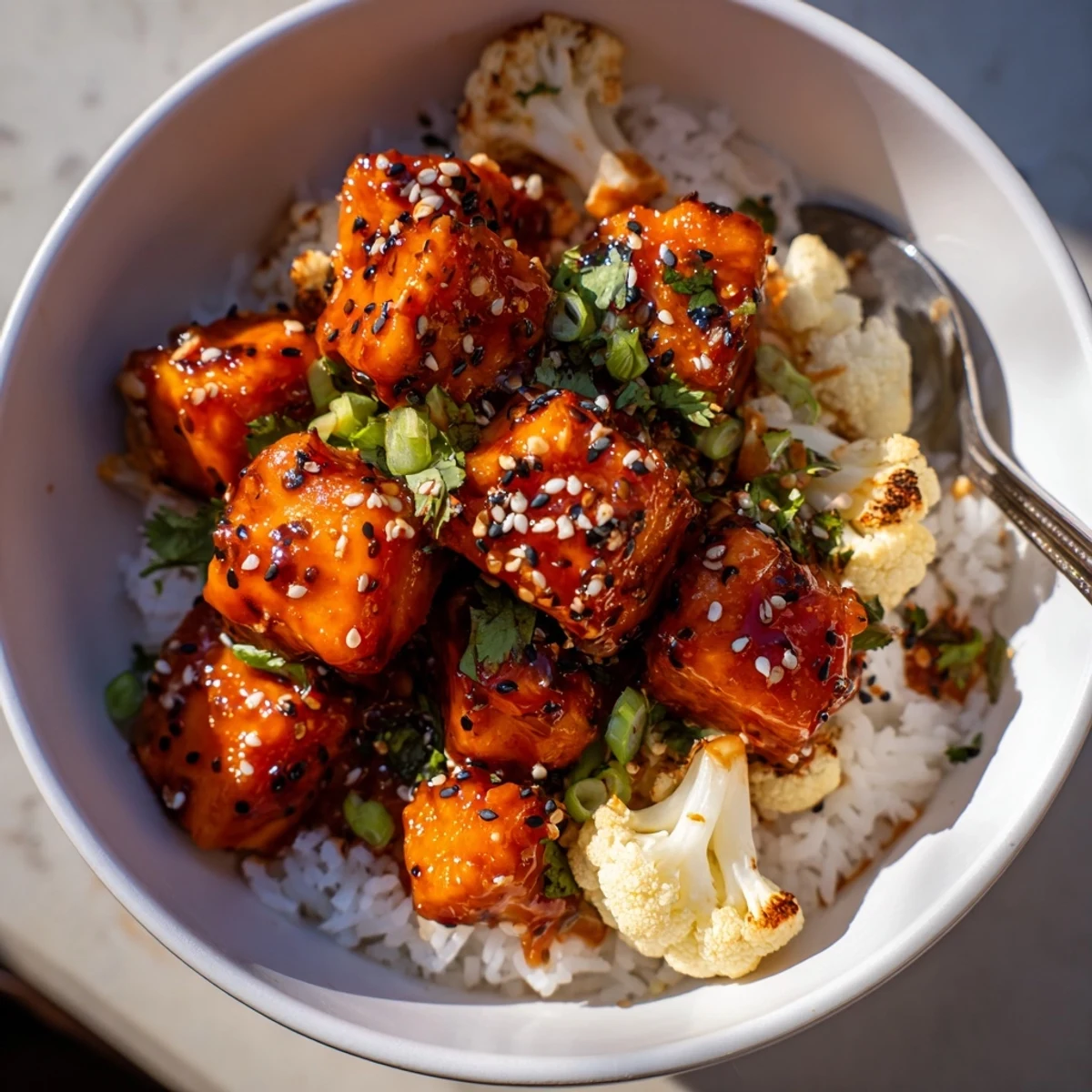 Delicious Sriracha Honey Salmon Bowls bursting with sweet and spicy flavors over rice.