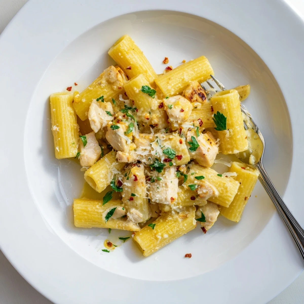 Savor the flavors of Garlic Butter Chicken with Rigatoni and Parmesan on a plate.  