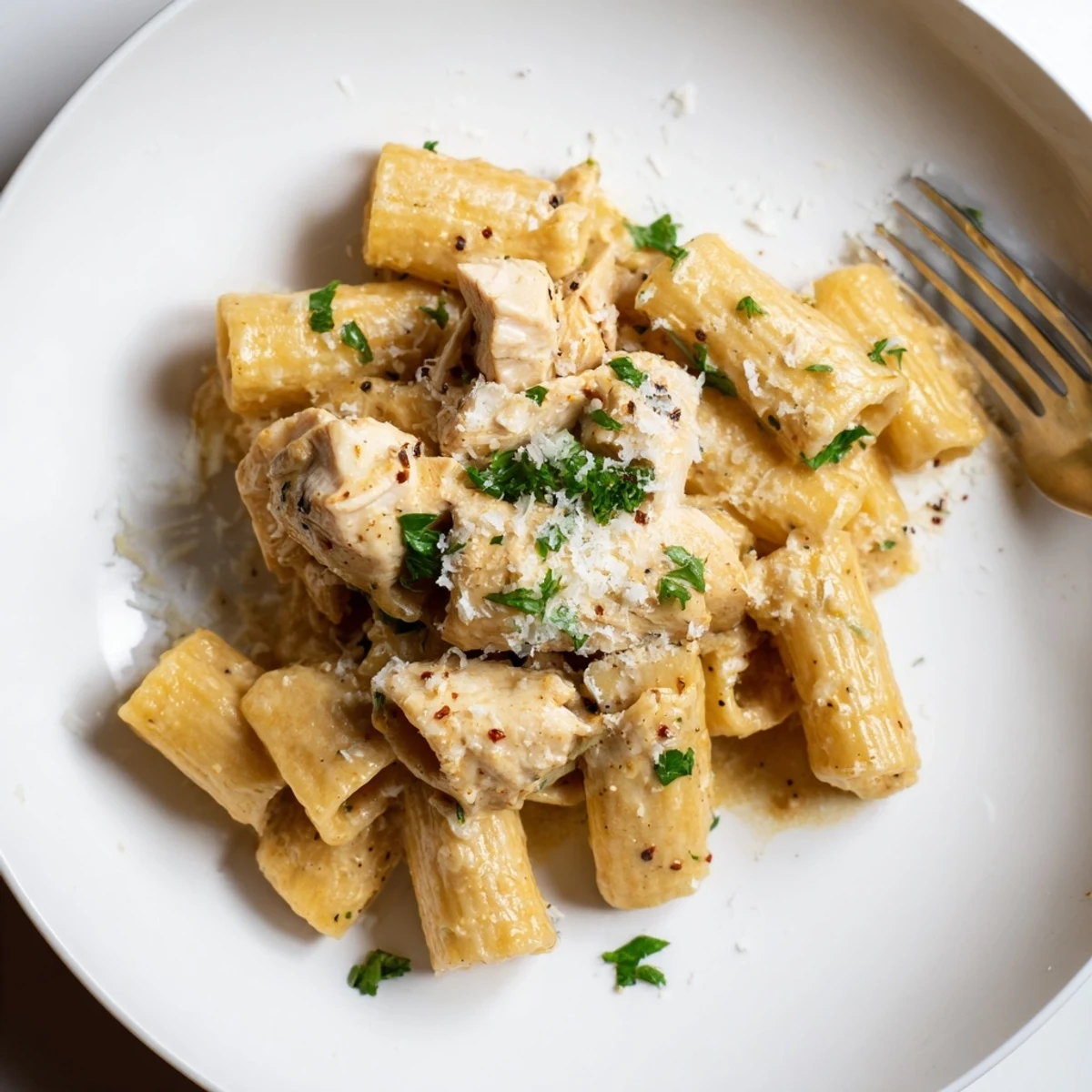 Creamy Garlic Butter Chicken with Rigatoni and Parmesan, garnished with fresh parsley.  