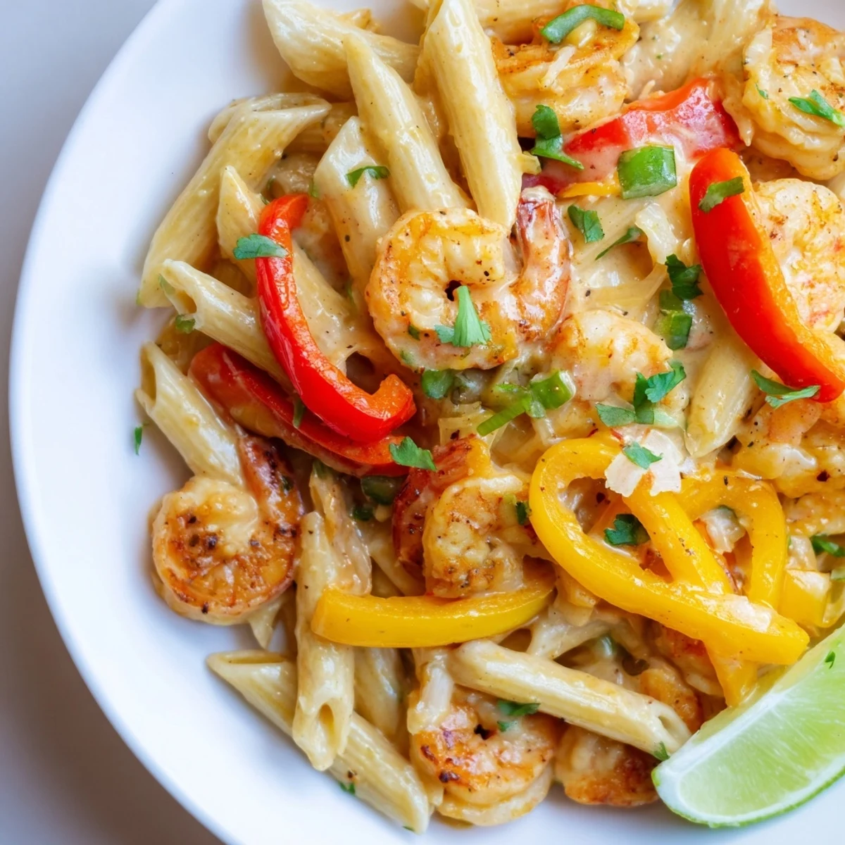 Creamy Jamaican Shrimp Rasta Pasta with vibrant peppers and a rich, flavorful sauce.  