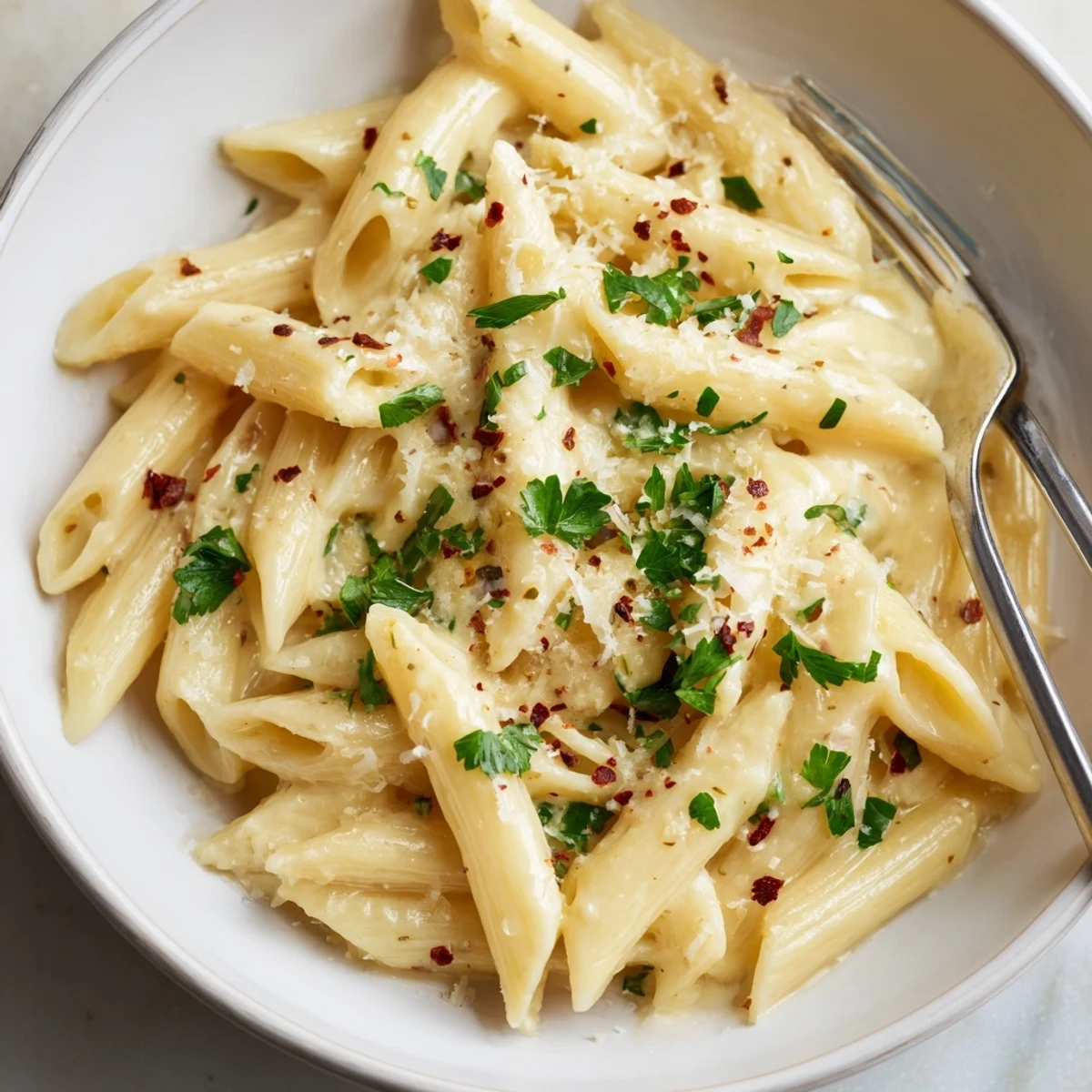 Delight in a bowl of Creamy Garlic Penne Pasta, rich and aromatic with garlic.