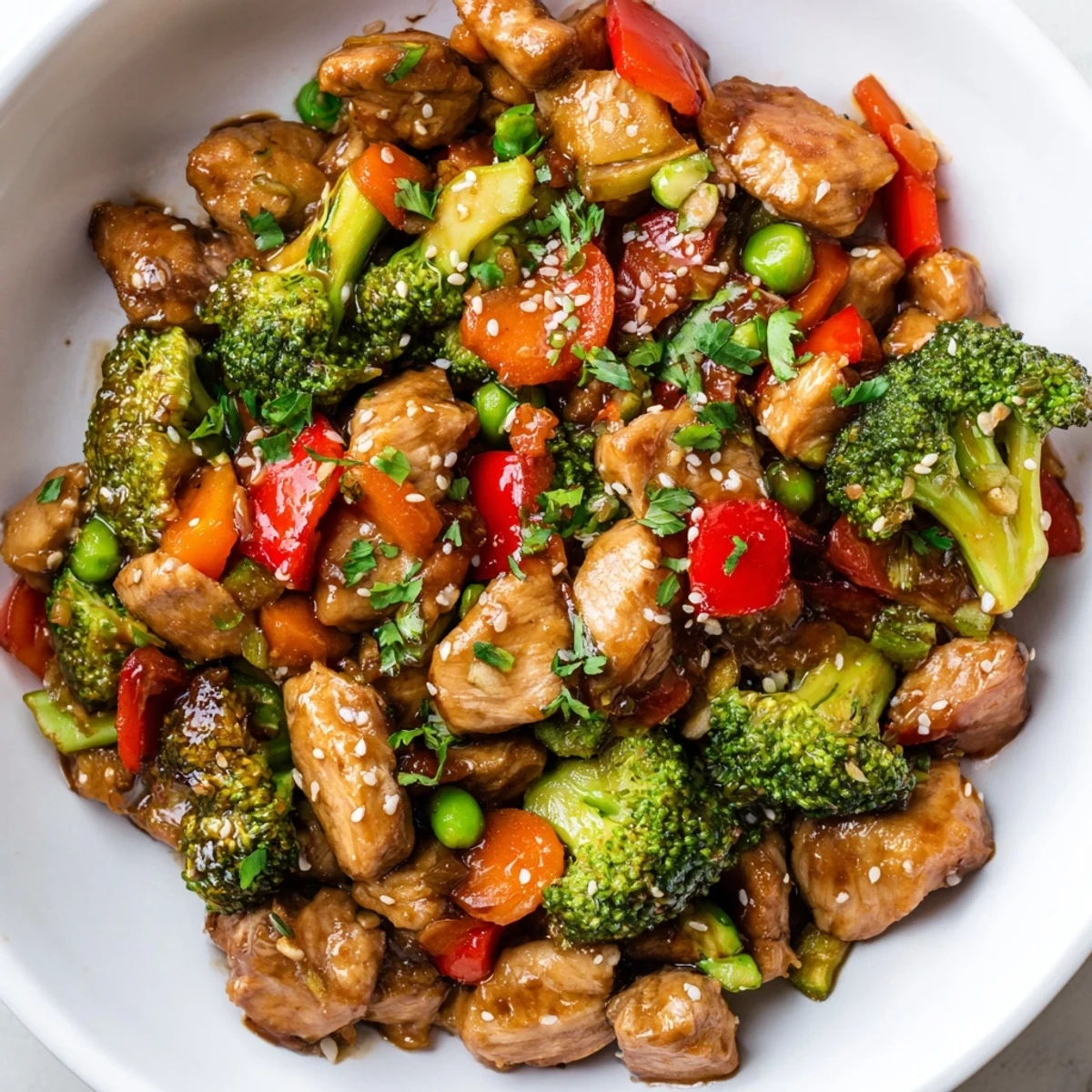 Juicy chicken and colorful veggies in a No-Fuss 20-Minute Stir-Fry, served hot.  