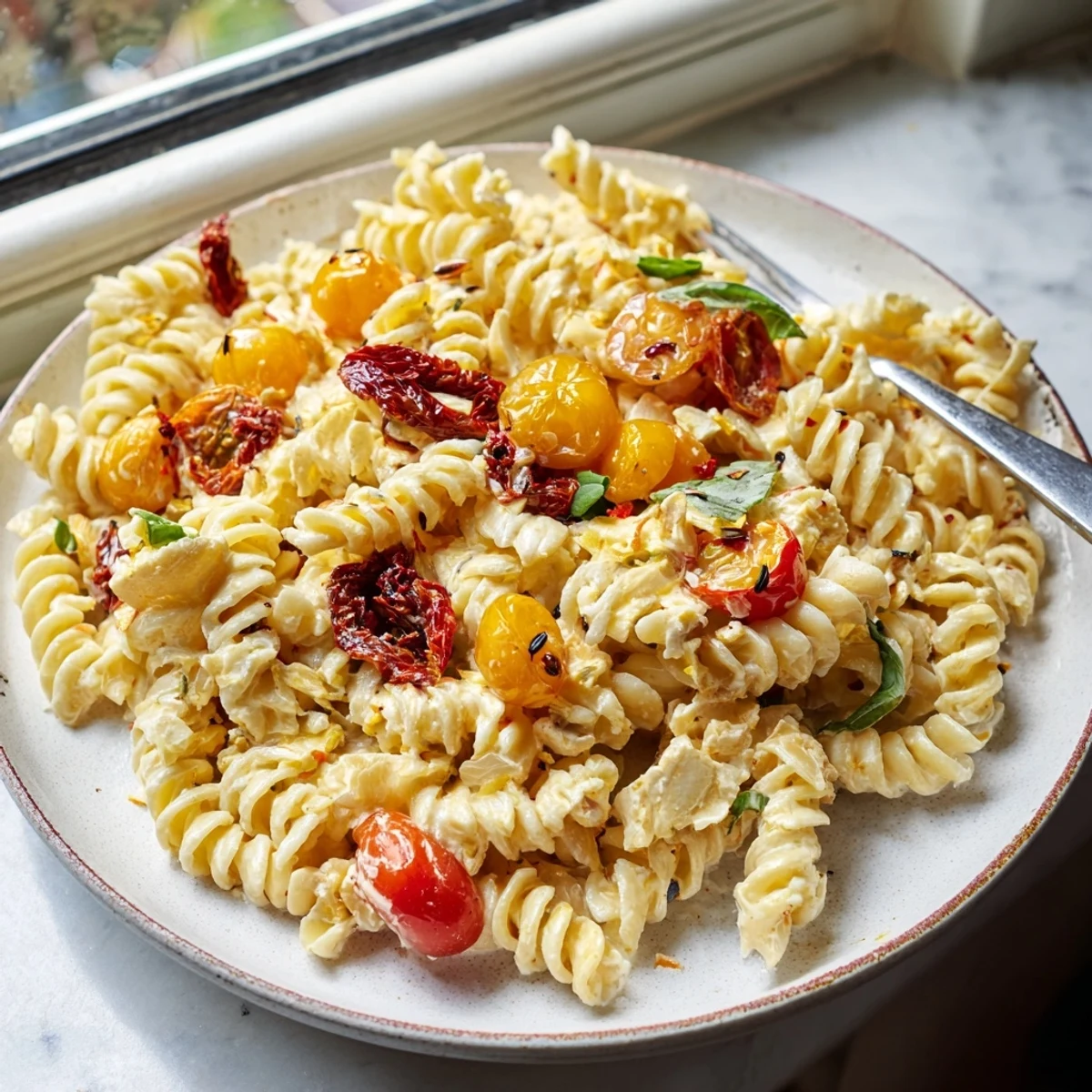 Creamy baked feta pasta topped with caramelized onions and sun-dried tomatoes.