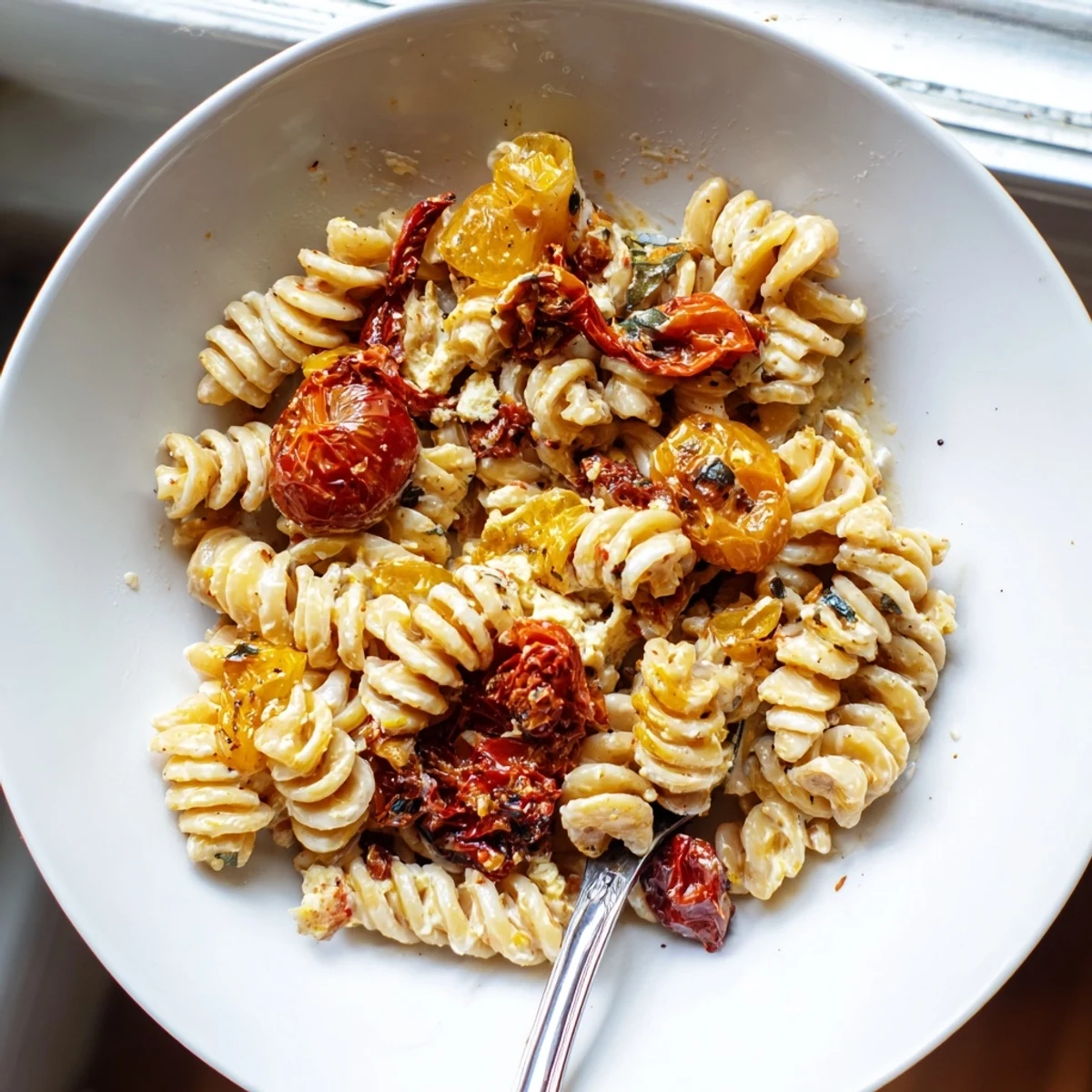 Delicious baked feta pasta showcasing golden cheese and vibrant, roasted veggies.