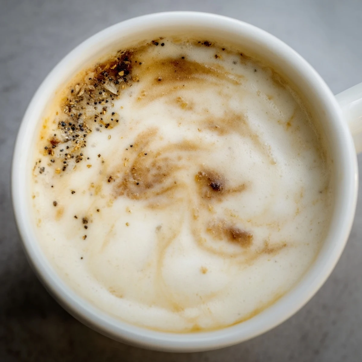 Creamy Onion Latte topped with frothy milk and caramelized onion goodness.  