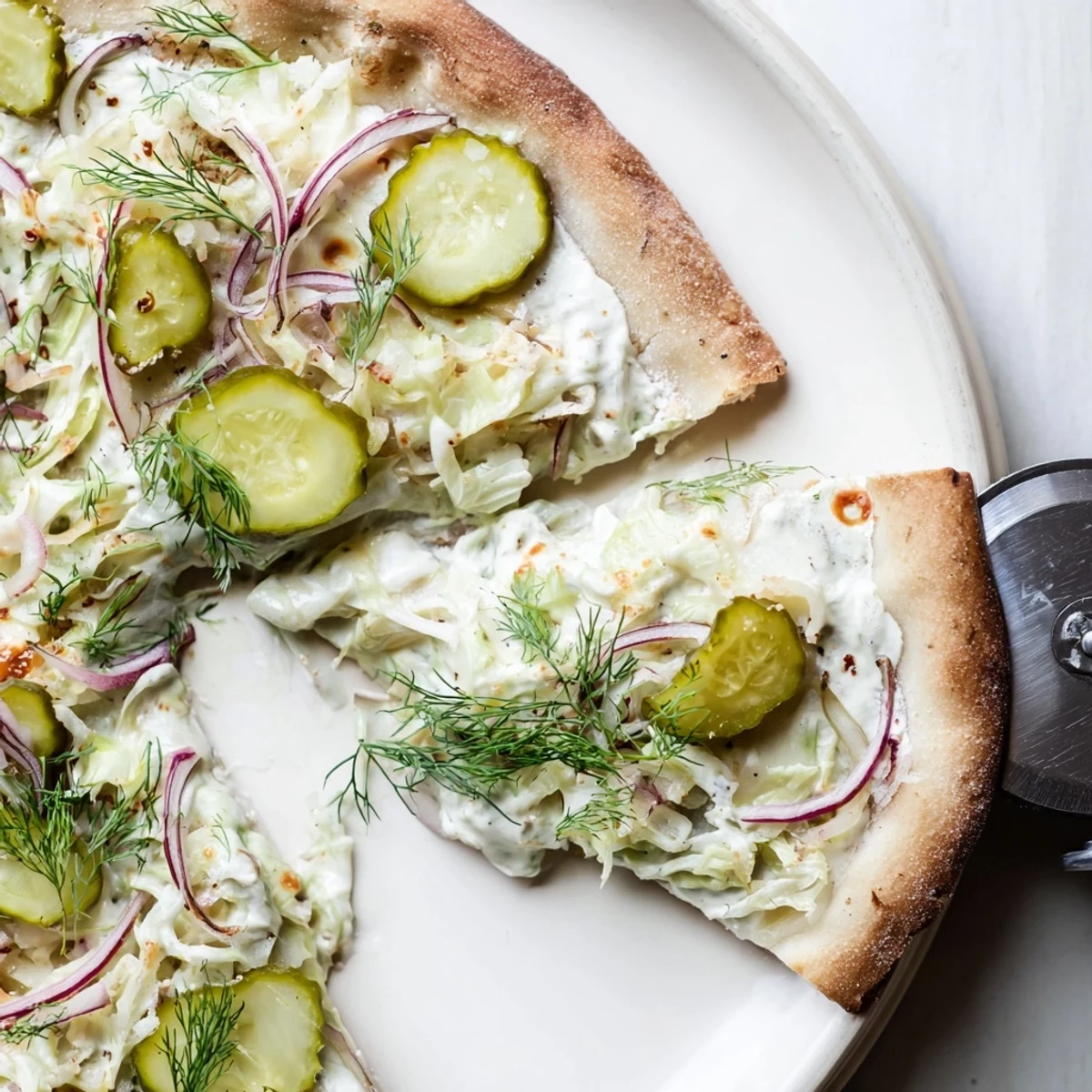 Tangy Pickle Pizza topped with creamy sauce and crunchy dill pickles slices.  