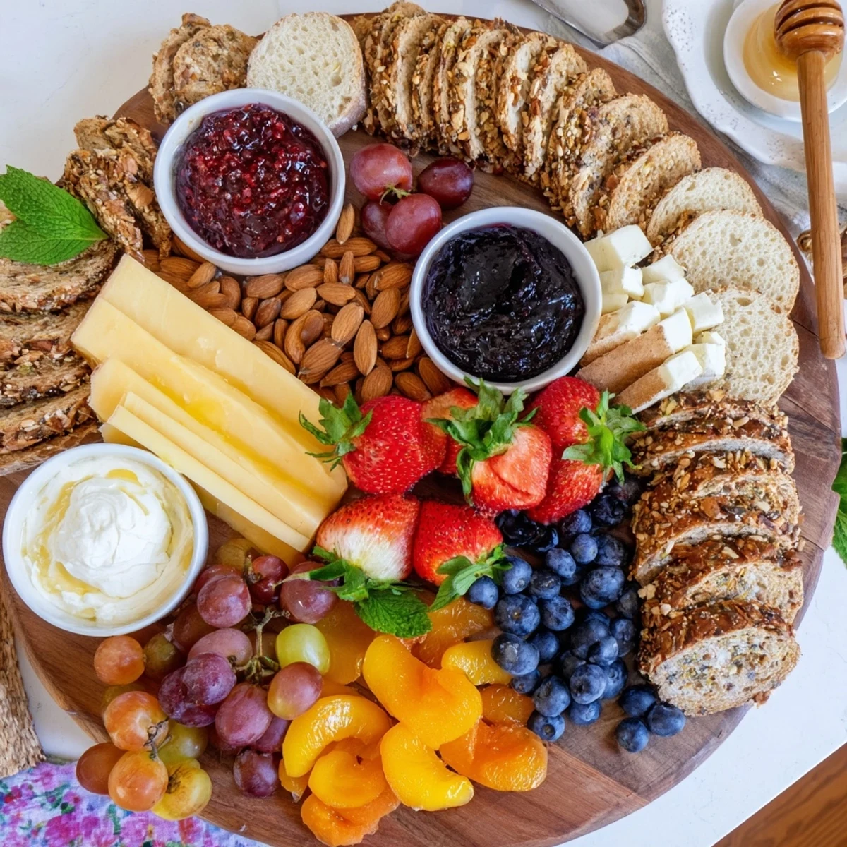 A colorful jam-infused brunch board overflowing with fresh fruits and assorted cheeses.  