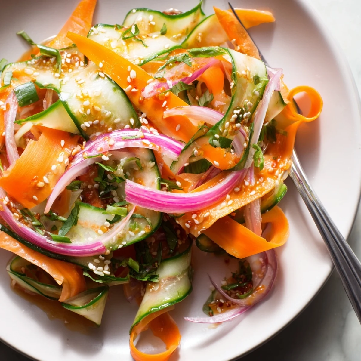 Refreshing cucumber salad remix drizzled with tangy Asian-inspired dressing, perfect for summer.  
