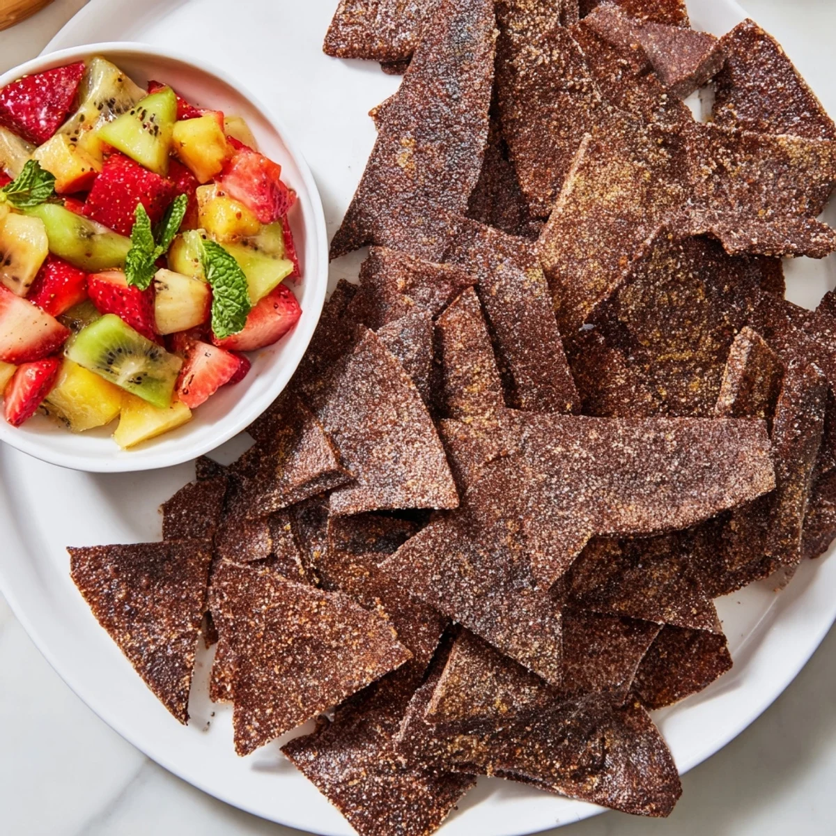 Crispy dessert chips & salsa featuring chocolate chips and fresh fruit medley.