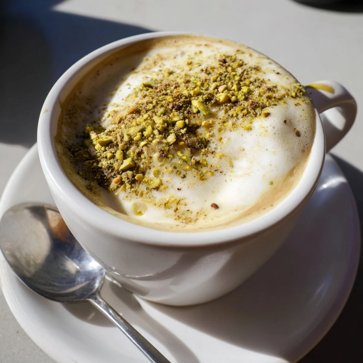 Nutty and fragrant pistachio milk latte, a delightful coffeehouse-inspired treat.