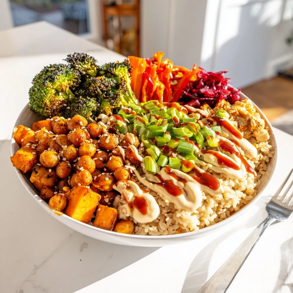 Vibrant grain bowls featuring bold sauce drizzle bowls with roasted veggies and chickpeas.  
