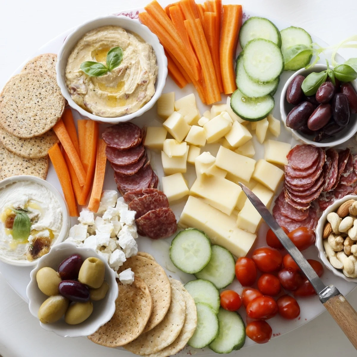 Colorful Girl Dinner Platter featuring cheeses, fruits, and dips perfect for sharing.  