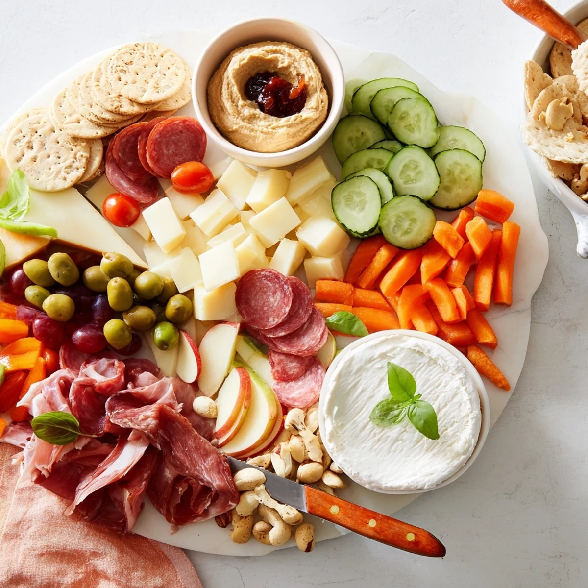 Artfully arranged Girl Dinner Platter with snacks, cheeses, and fresh vegetables awaits you.  